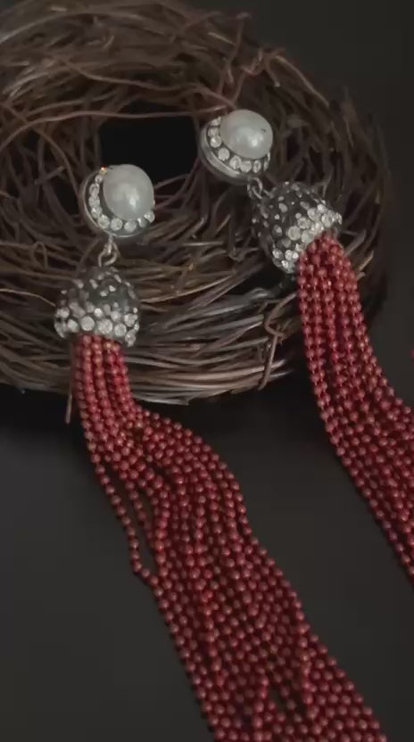 Red Tassel Long Earrings with Stones – Party Wear Designer Jewellery